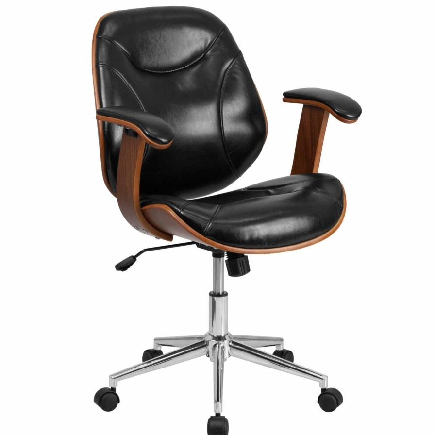 Task Chairs * | Top 10 Task Chairs Flash Furniture Mid-Back Leather Executive Wood Swivel Office Chair