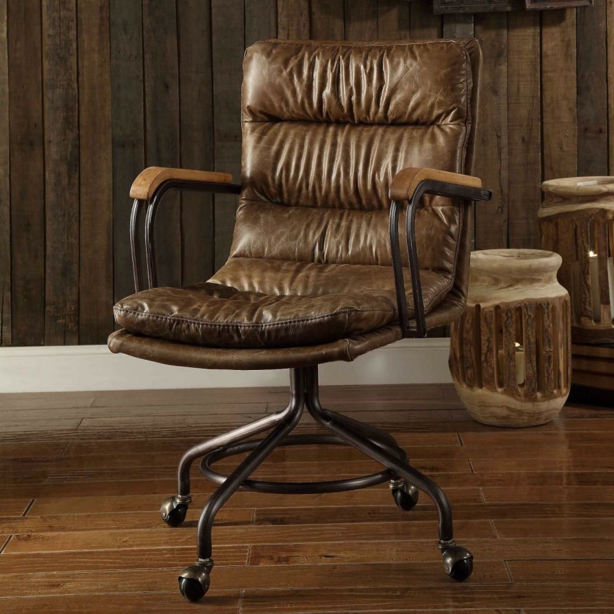 Task Chairs * | Best Deal Task Chairs Acme Furniture Hedia Top Grain Leather Computer Task Chair Vintage WhisClearance