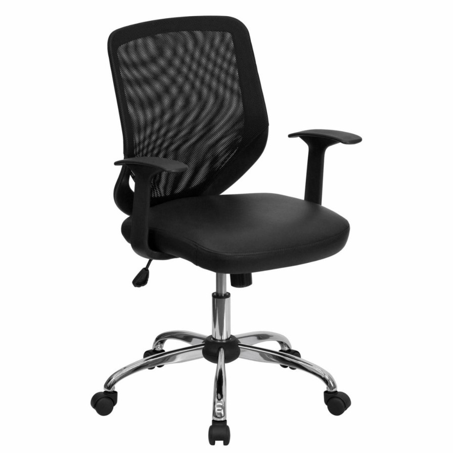 Task Chairs * | Best Pirce Task Chairs Flash Furniture Mid-Back Office Chair With Mesh Back And Italian Leather Seat Black