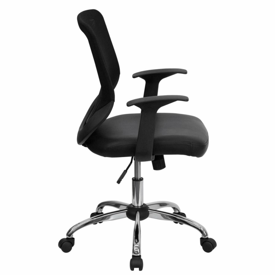 Task Chairs * | Best Pirce Task Chairs Flash Furniture Mid-Back Office Chair With Mesh Back And Italian Leather Seat Black