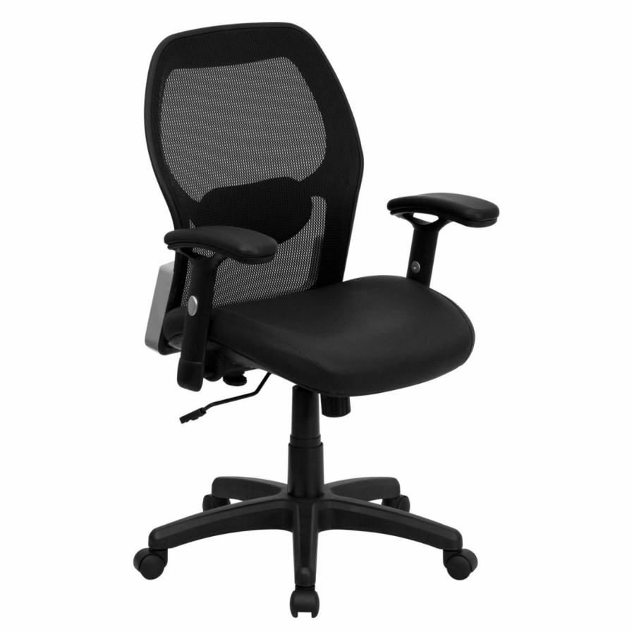 Task Chairs * | Coupon Task Chairs Flash Furniture Mid-Back Super Mesh Office Chair Black Italian Leather Seat