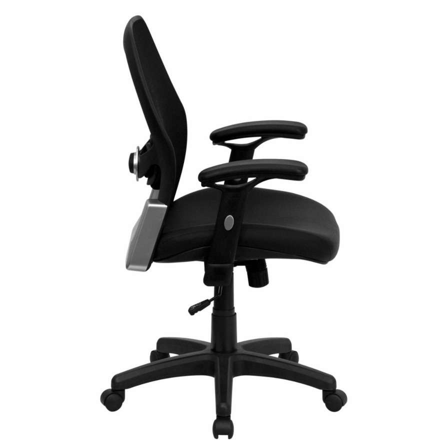 Task Chairs * | Coupon Task Chairs Flash Furniture Mid-Back Super Mesh Office Chair Black Italian Leather Seat