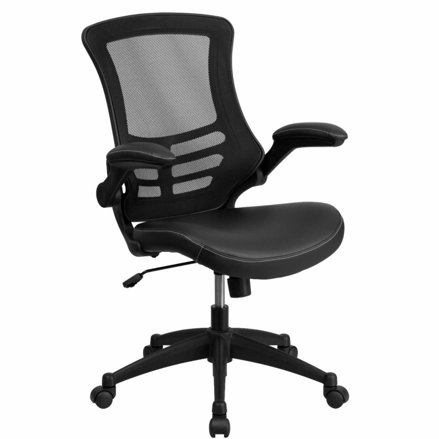 Task Chairs * | Cheap Task Chairs Flash Furniture Mid-Back Mesh Swivel Task Chair With Leather Padded Seat And Flip-Up Arms