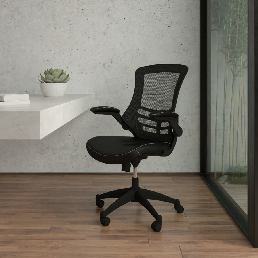 Task Chairs * | Cheap Task Chairs Flash Furniture Mid-Back Mesh Swivel Task Chair With Leather Padded Seat And Flip-Up Arms