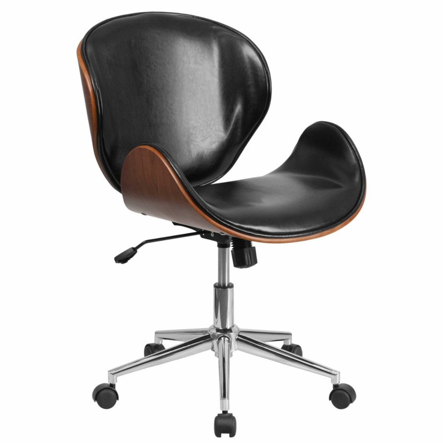 Task Chairs * | Top 10 Task Chairs Flash Furniture Mid-Back Wood Swivel Conference Chair In Black Leather