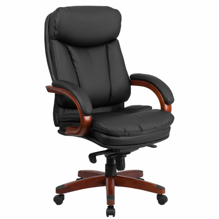 Office Chairs * | Best Sale Executive Chairs Flash Furniture High Back Leather Executive Swivel Office Chair With Synchro-Tilt Mechanism And Mahogany Wood Base